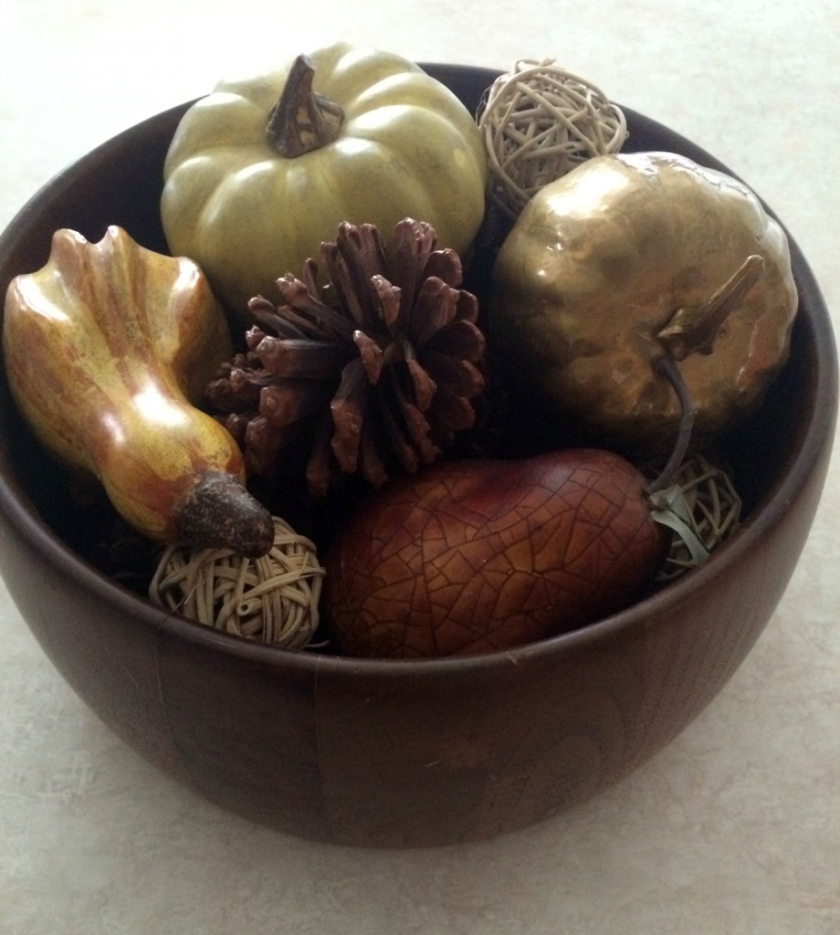 wooden bowl with fall gourds