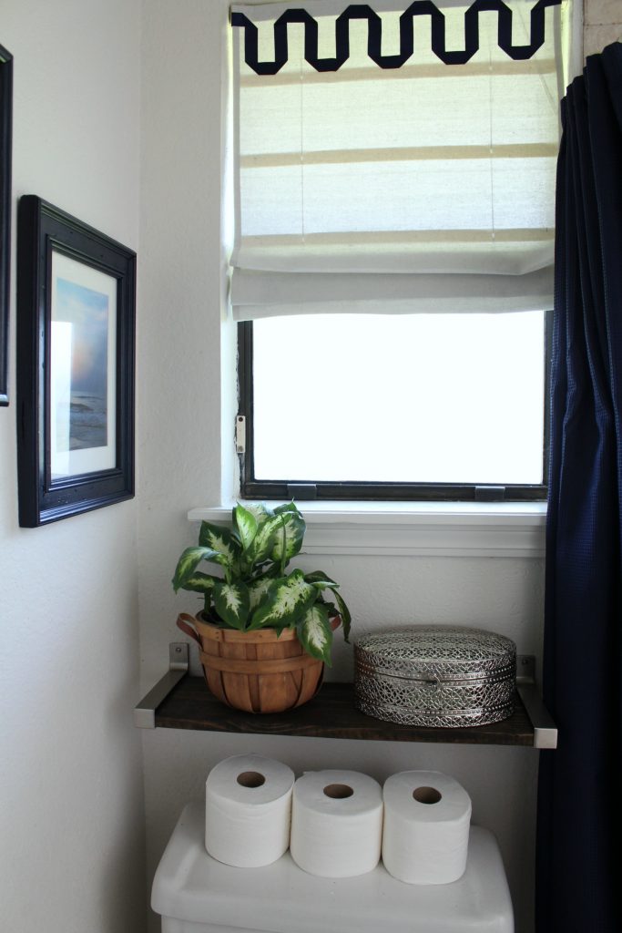 Navy and white master bathroom