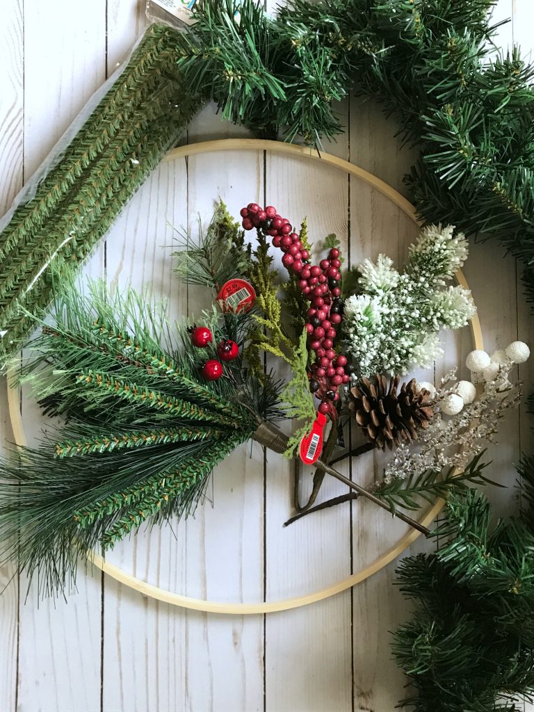 Supplies for Christmas hoop wreath