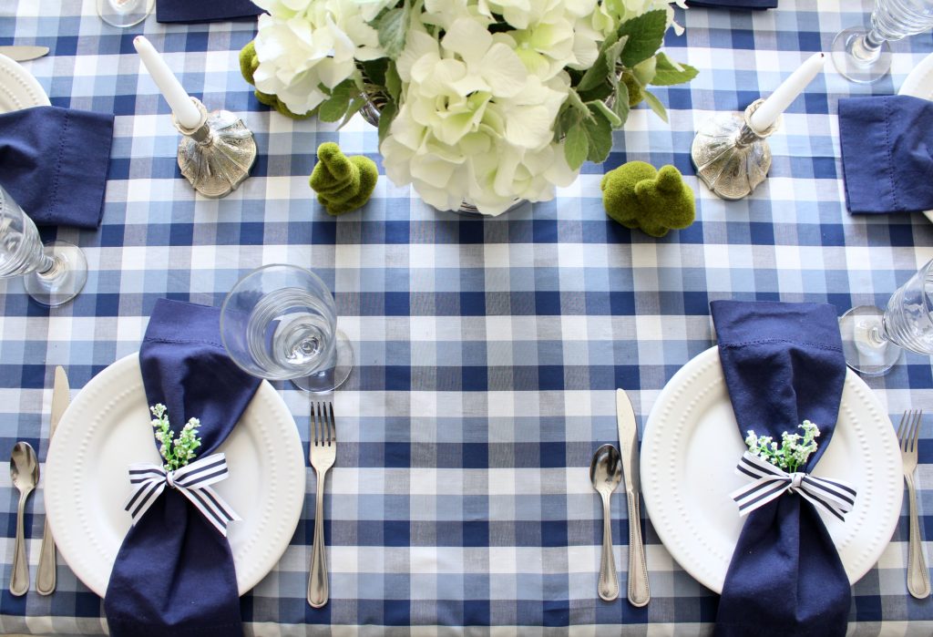 Blue and white spring tablescape