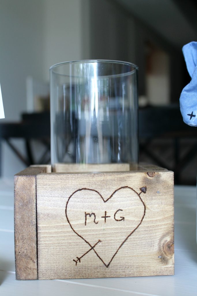 wood box centerpiece with woodburned detail