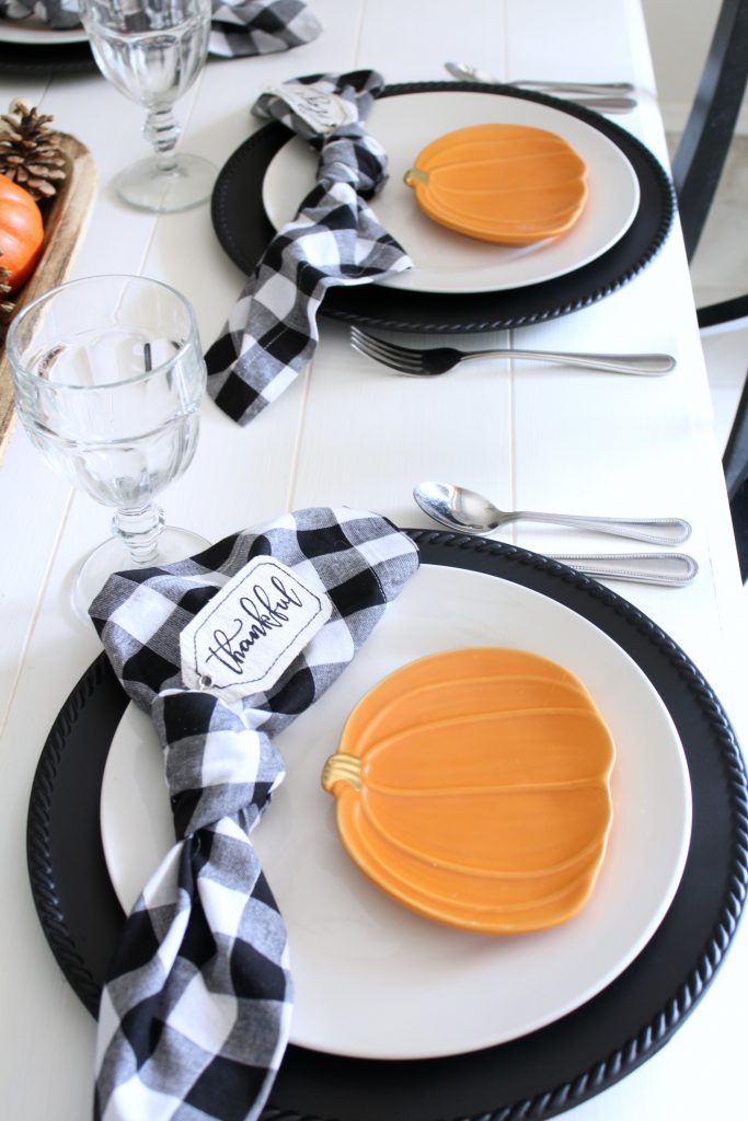 Pumpkin and gingham fall tablescape