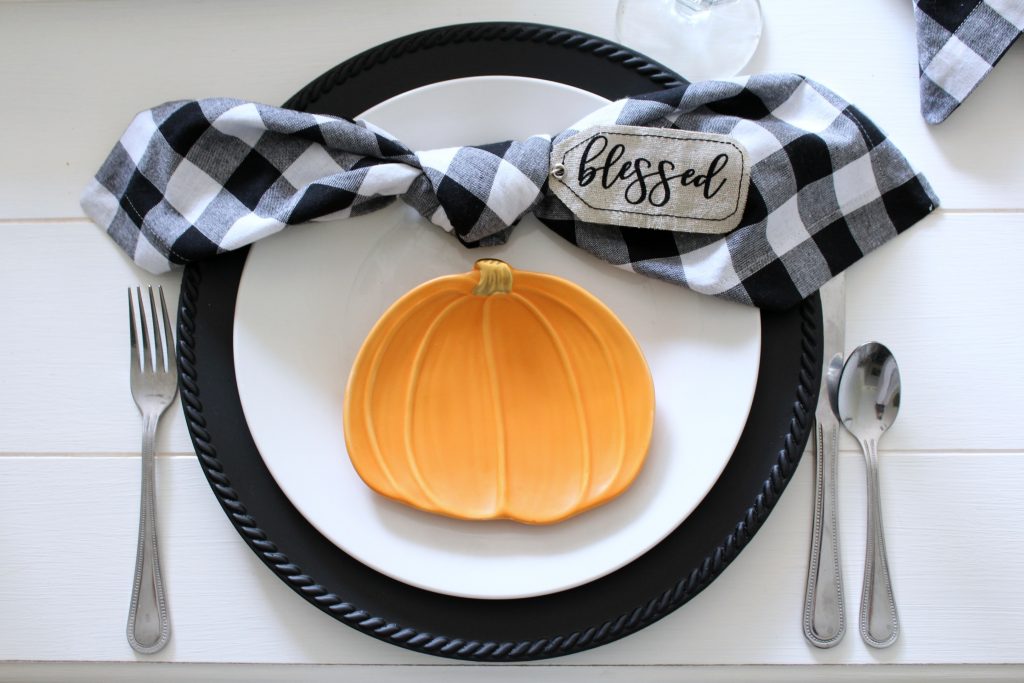 fall place setting black white and orange