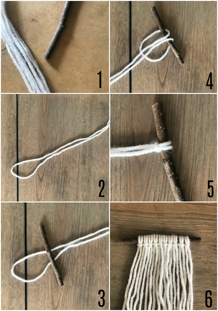 Securing yarn to hanger (stick) for macrame ornament
