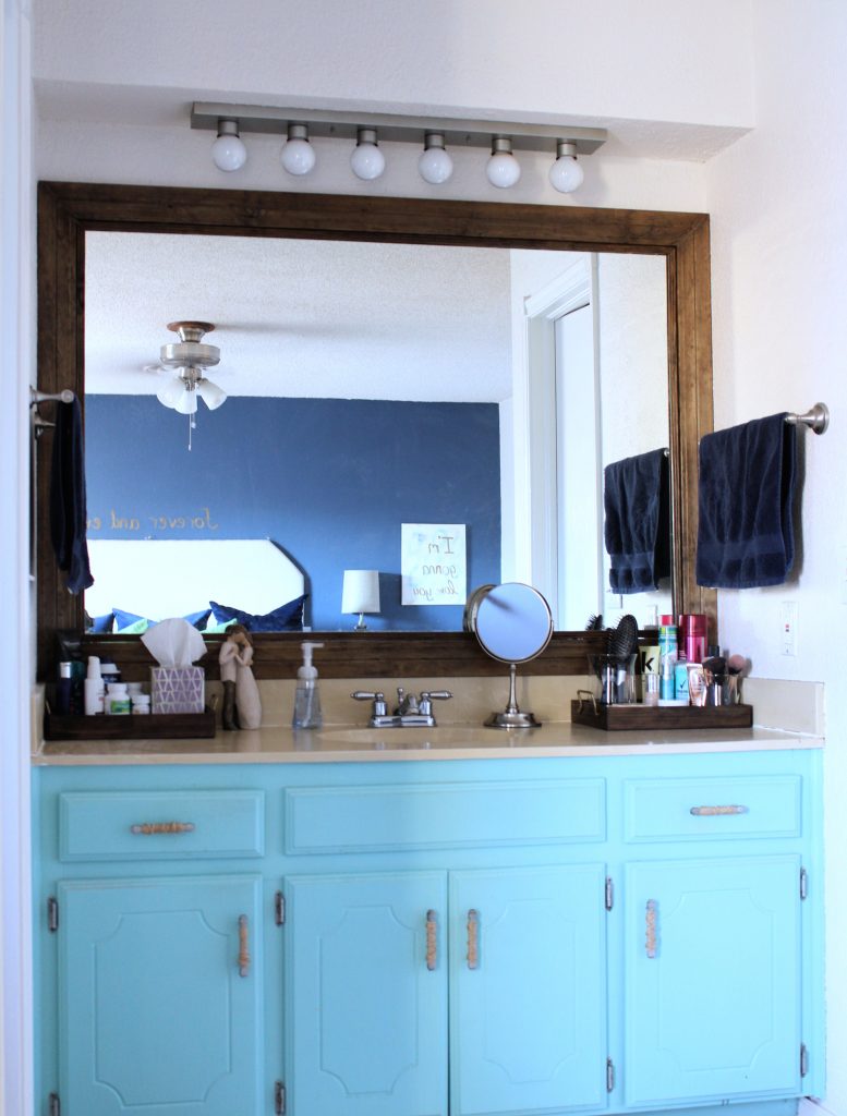 Master bathroom his and her vanity organization