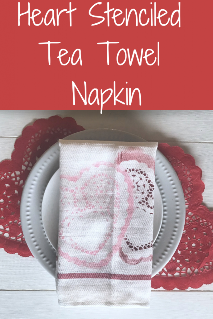 Heart stenciled tea towel napkin