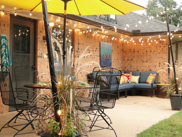 Blue and yellow patio decor