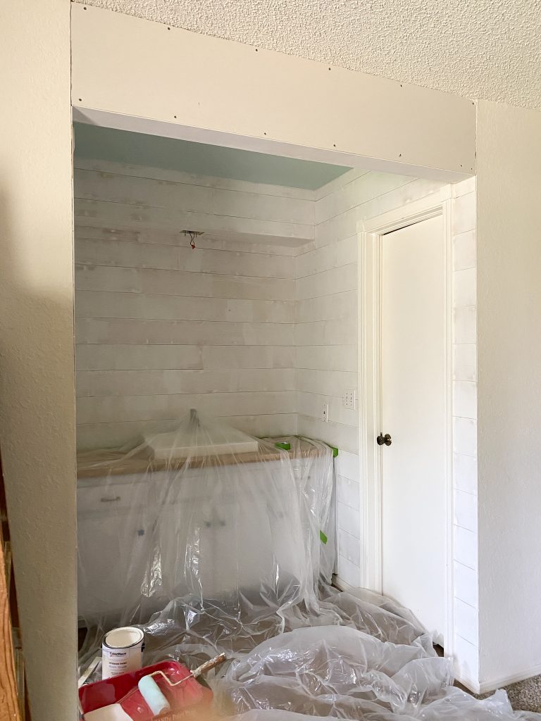 Shiplap installed in master bathroom